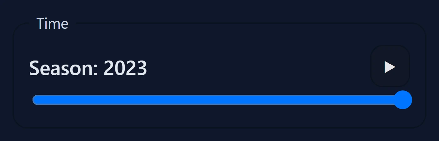 The app's time control. A dark panel labelled Time holds a slider reading Season: 2023, filled to the right-hand end of its track, with a play button beside it.