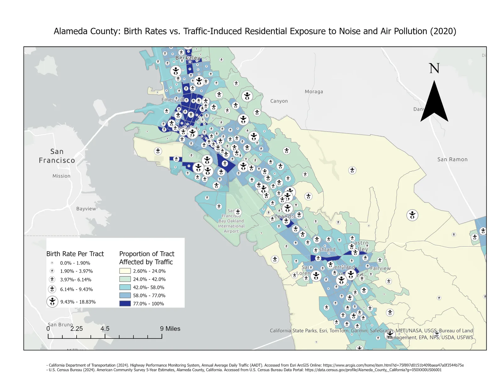 Map of Alameda County, California. Census tracts are shaded from pale yellow to dark blue for the proportion of the tract affected by traffic, and each tract carries a circular infant symbol scaled to its birth rate. The darkest, most heavily symbolized tracts run along the Oakland&ndash;San Leandro&ndash;Hayward corridor.