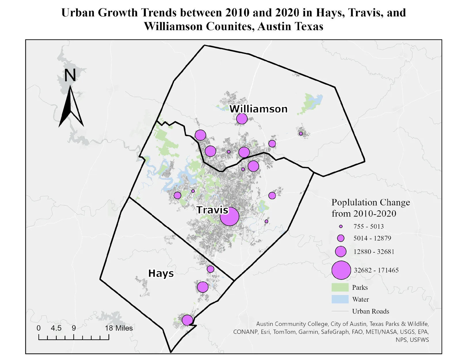 Grey-and-white map of a three-county study area around Austin, Texas, labeled Hays, Travis and Williamson. Magenta circles of varying size mark cities, scaled to population change between 2010 and 2020; the largest circle sits over Austin in Travis County. Parks are green, water is blue, urban roads form a dense grey web through the centre.