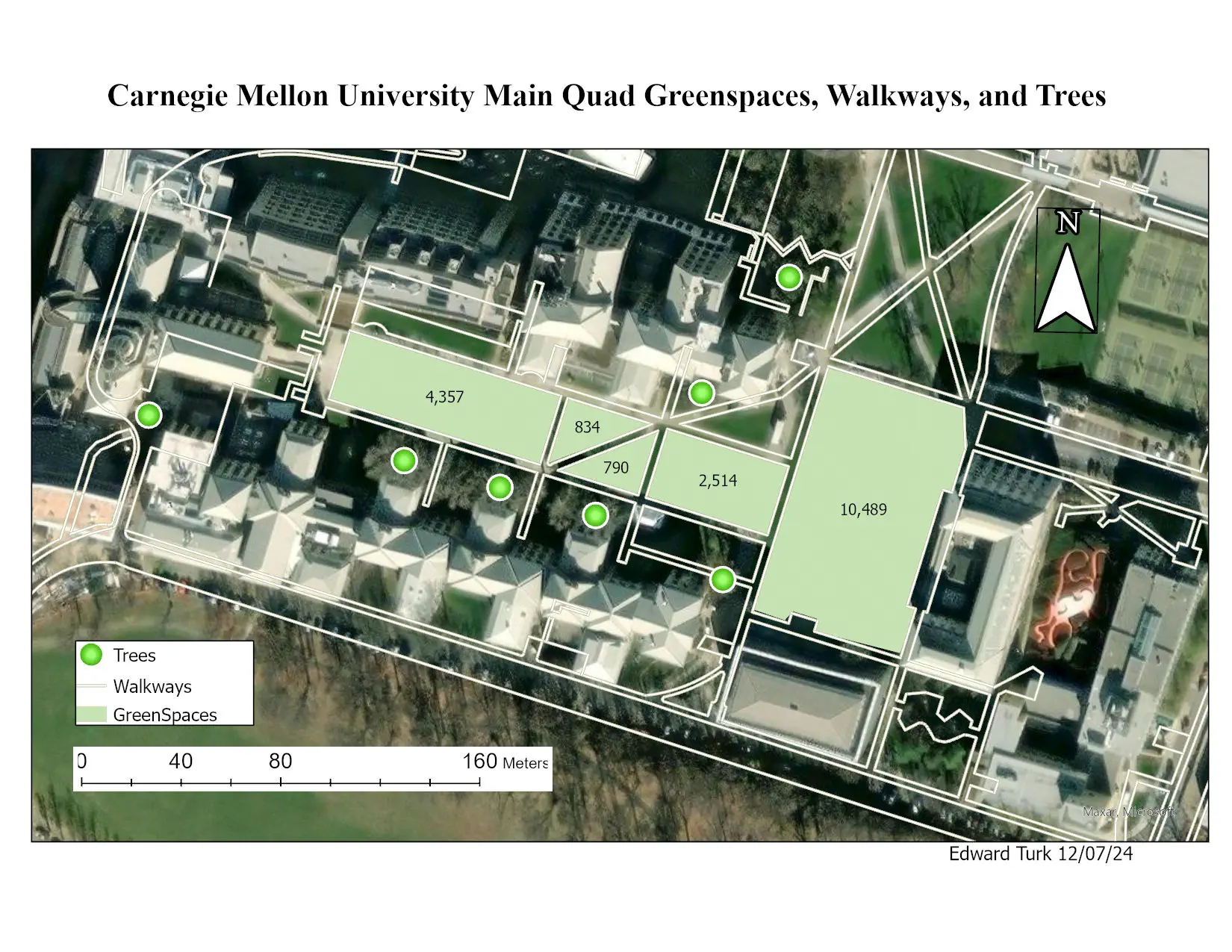 Aerial imagery of the Carnegie Mellon University main quad with hand-digitized layers drawn over it: pale green polygons for lawns and green spaces, each labeled with its calculated area, thin white outlines for walkways, and bright green dots for individual trees. A legend, north arrow and metric scale bar sit at the lower left.