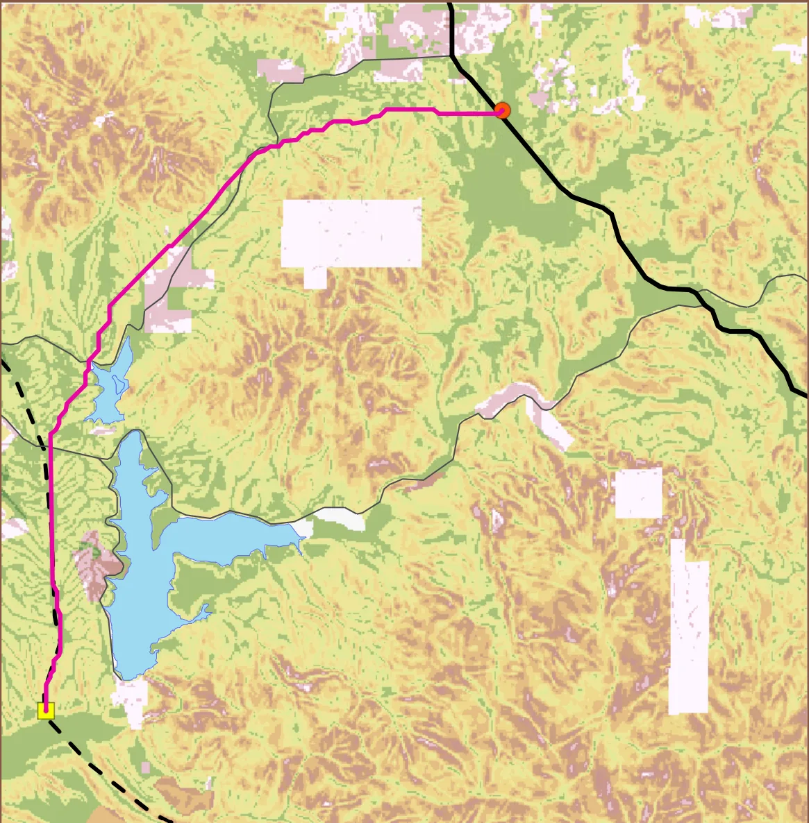 Topographic map of hilly terrain shaded in greens, tans and olive. A magenta line runs from a small yellow square marker at the bottom left, north along the western side of the frame past a blue reservoir, then bends east across the top to an orange circular marker. A heavy black line continues southeast from that orange marker toward the lower right. A dashed black line runs close to the magenta line near the bottom left. Thin grey roads and pale rectangular patches are scattered across the frame. No legend or scale bar is in view.