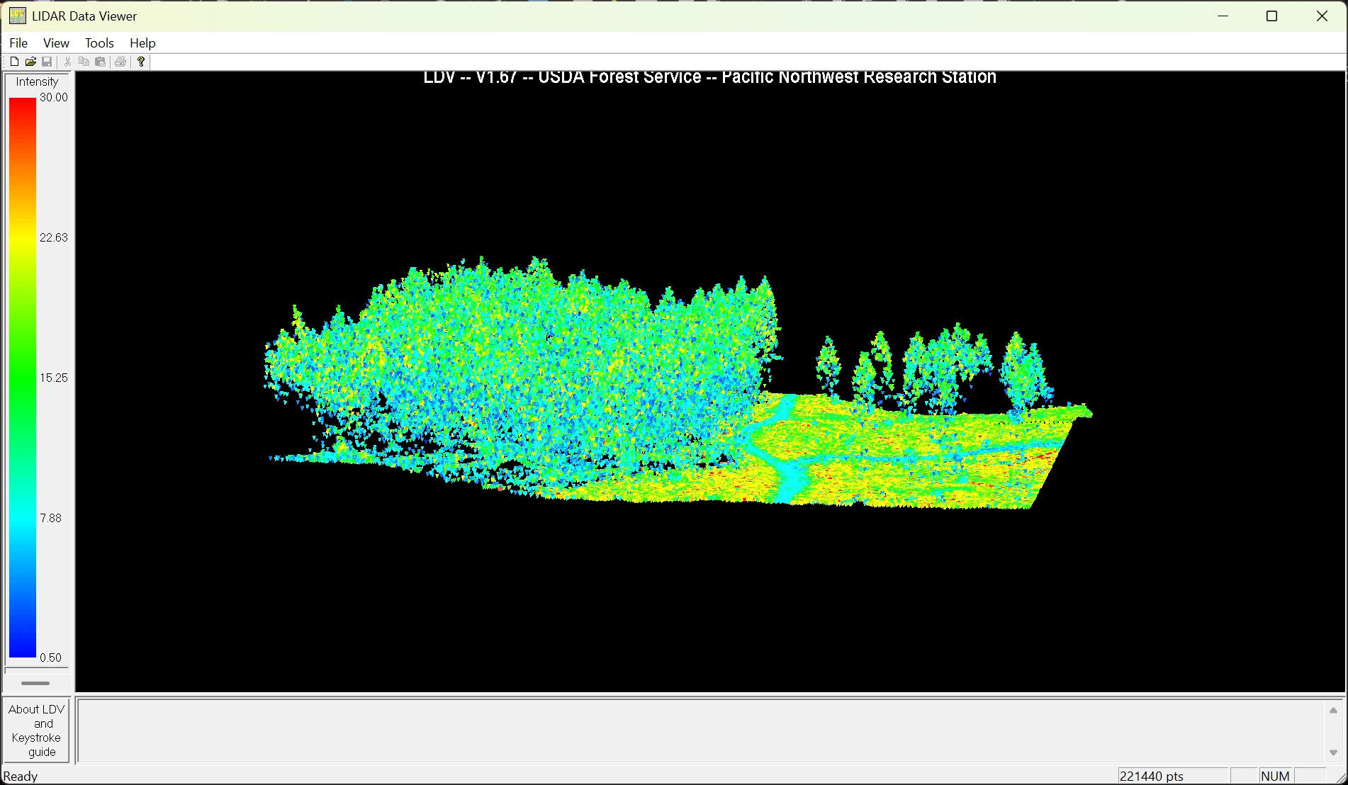 Screenshot of the FUSION LIDAR Data Viewer showing a side-on view of an airborne LiDAR point cloud against a black background. A dense block of forest canopy on the left gives way to open, textured ground on the right with a handful of isolated conifer crowns rising from it. Points are colored by return intensity on a blue-to-red ramp, keyed to a legend on the left; the status bar reads 221,440 points.
