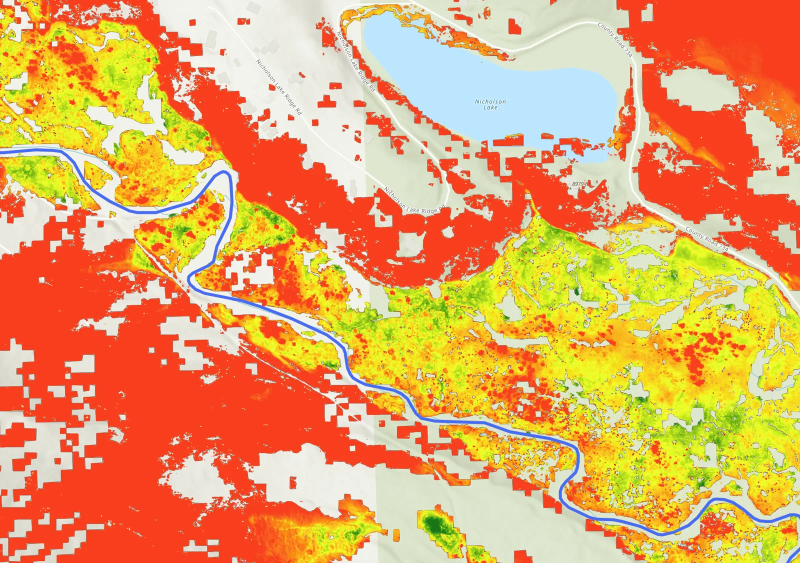 A continuous raster surface draped over a river valley, coloured on a ramp from red through orange and yellow to green. Green and yellow concentrate on the valley floor on both sides of a blue river line that meanders across the frame, while solid red covers the higher ground around it. Nicholson Lake is labelled in pale blue at the top, with Nicholson Lake Ridge Rd and County Road 734 running past it and a spot elevation reading 8979 ft beside it. Pale grey patches carry no raster values. No legend, scale bar or north arrow is in view.