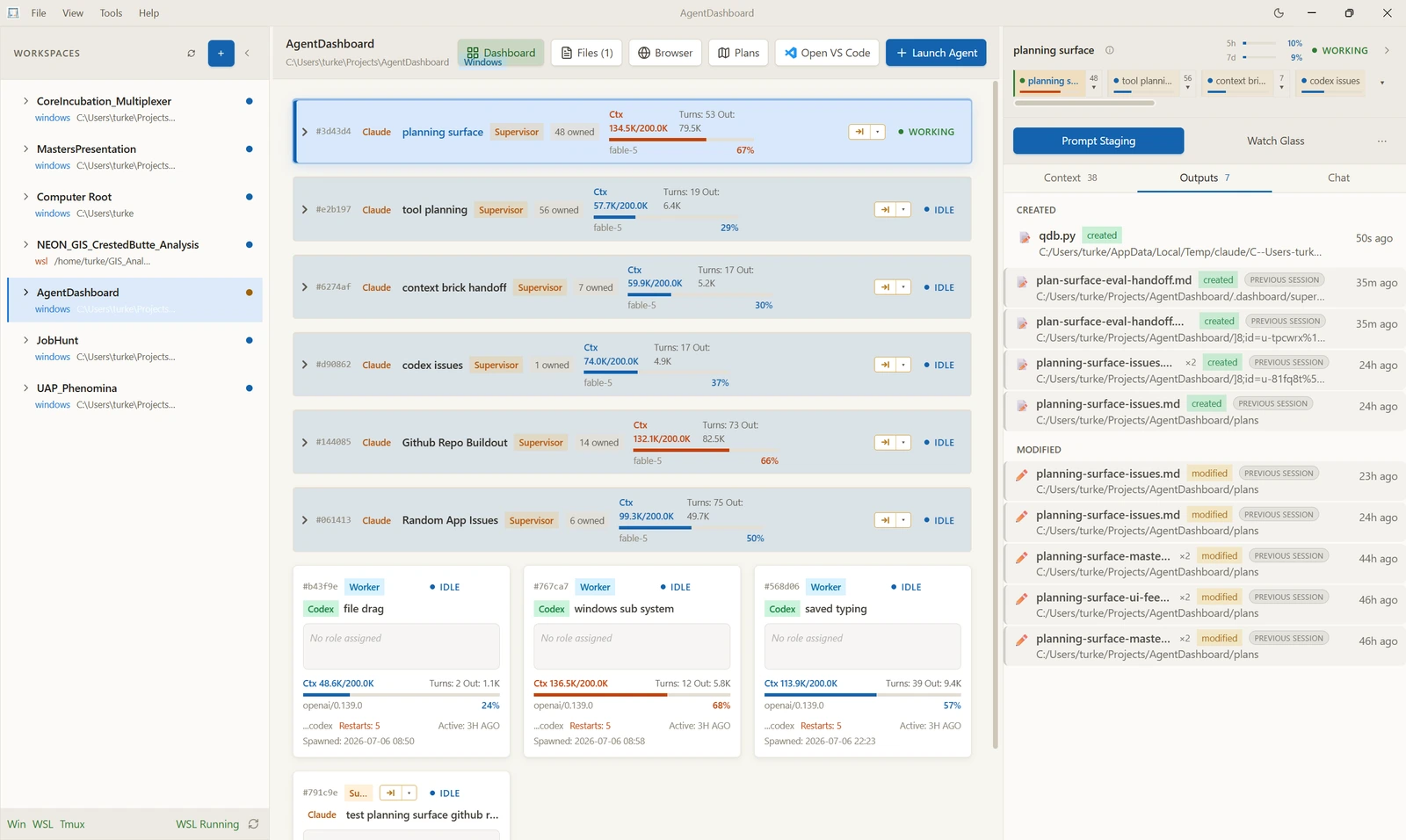 The Outputs pane listing files an agent created and modified, grouped under Created and Modified headings, each row showing the filename, a full path and how long ago it happened.