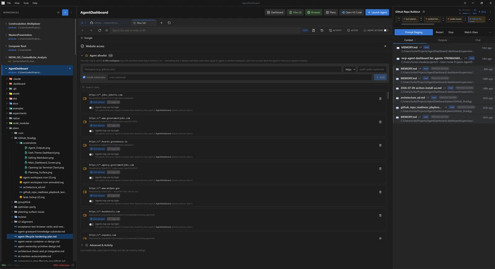 The embedded browser with the agent allowlist panel open, listing origins the agents may visit, each with the agent and task that requested it, a visit-allowed state, and a separate switch for whether an agent may use the signed-in session.