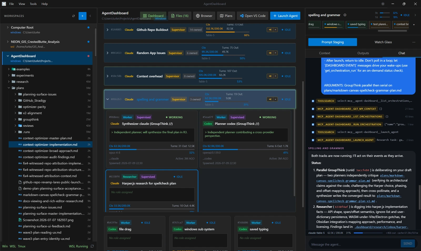 Lares in dark theme during a cross-provider GroupThink: a Claude synthesizer card and a Codex planner card run side by side under the same supervisor, with the supervisor's chat on the right describing the deliberation.