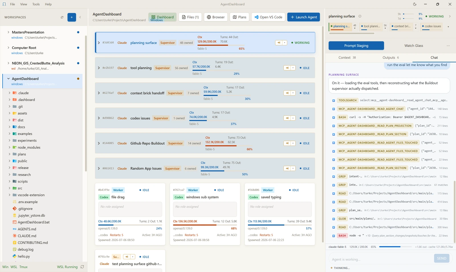 The Lares dashboard: a vertical rail of live agent cards, each showing its name, provider, turn count and share of its context window, with one agent's chat attached in the right-hand pane.