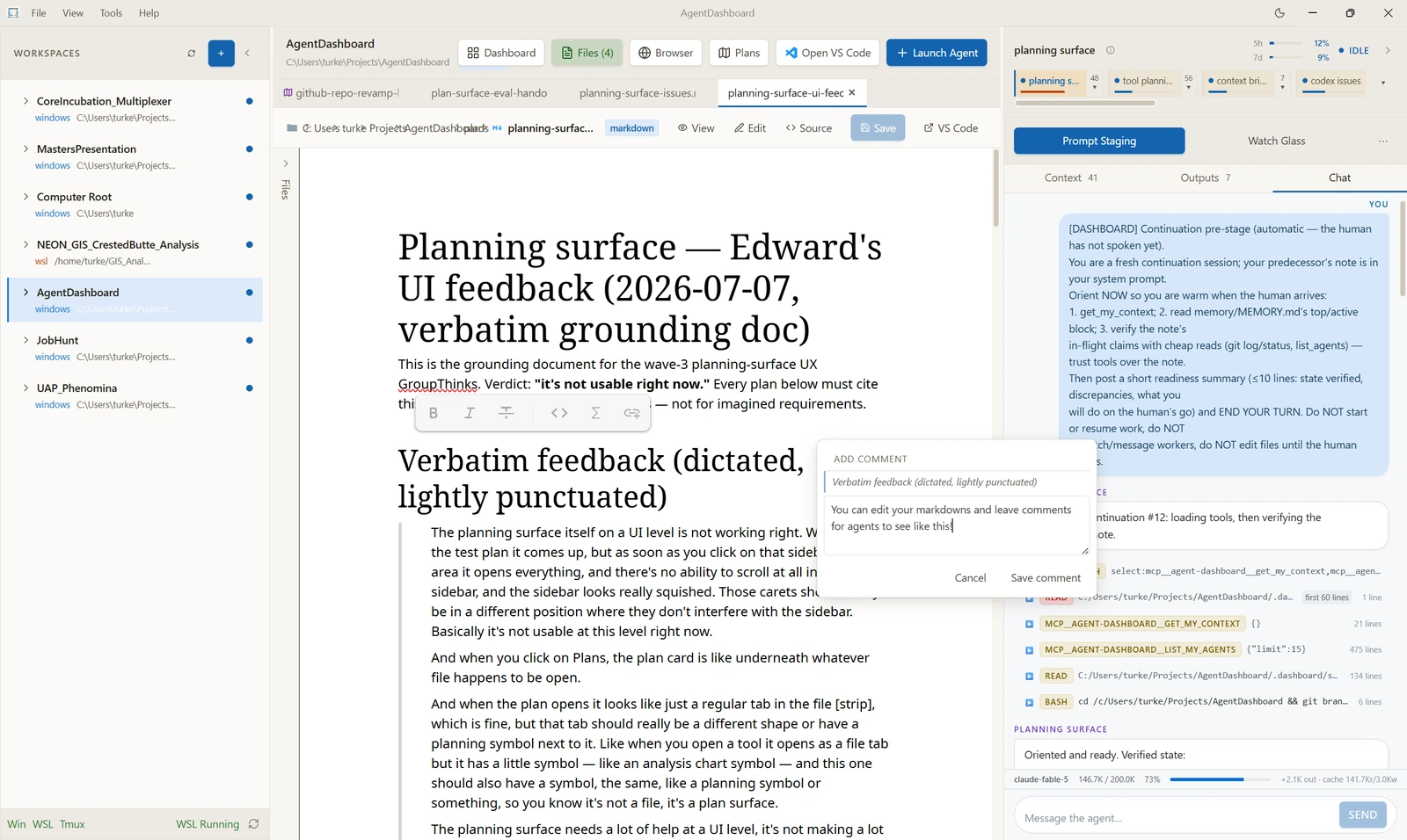 A Markdown document open in edit mode with a formatting toolbar floating over a selection and an Add Comment box open, containing a note addressed to the agents.