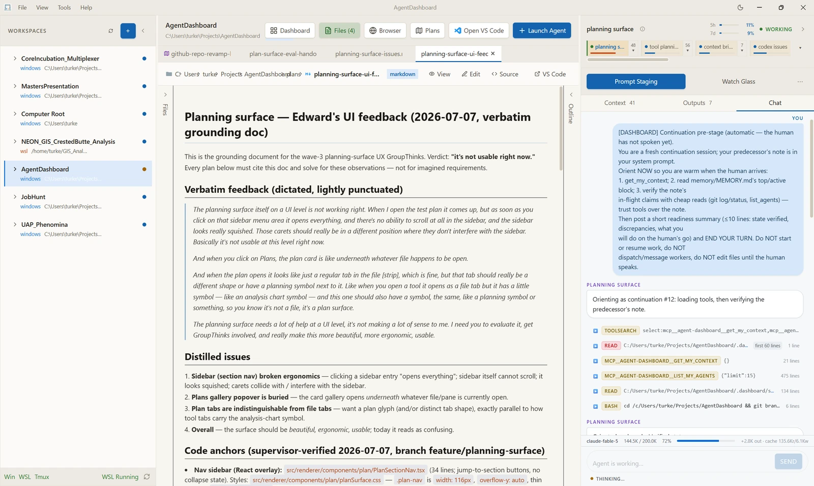 A structured plan document rendered in the Files view beside an agent's chat, showing a grounding document of verbatim user feedback, a distilled list of issues, and links to specific source files.