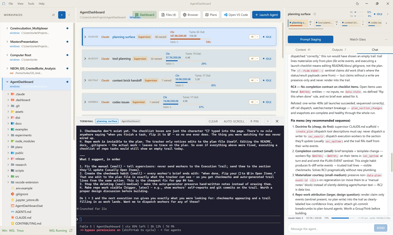 An agent's raw terminal opened in a pane beneath the agent cards, showing its live tmux session mid-answer, with the same agent's chat rendered in the right-hand pane.