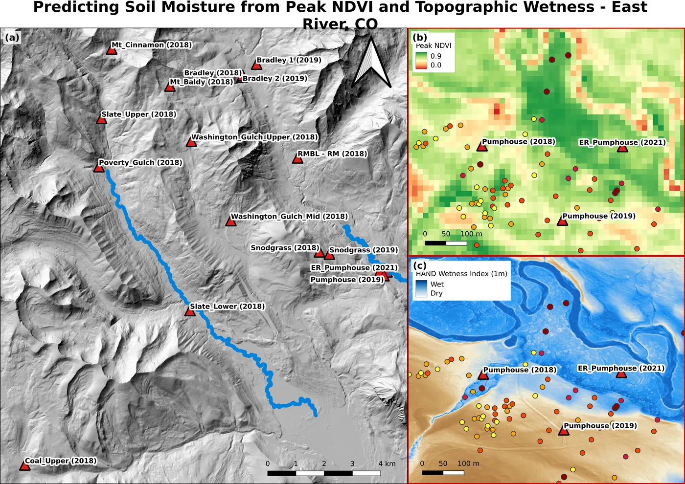 Study-area map showing soil-moisture sampling locations and model predictor surfaces across the East River watershed.