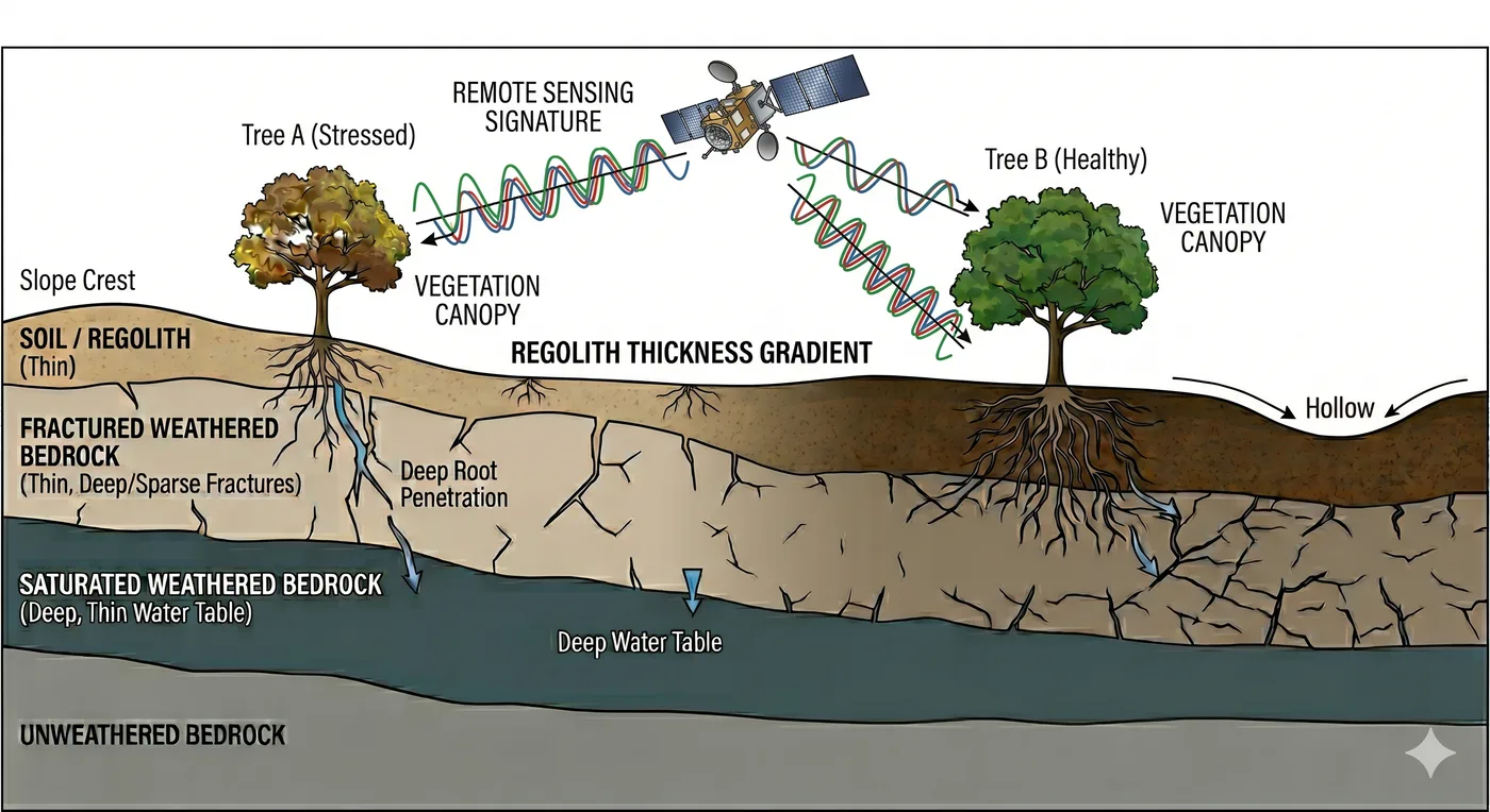 Concept diagram: plant roots connect subsurface soil moisture to the canopy, so satellite-observed greenness carries information about the moisture below.